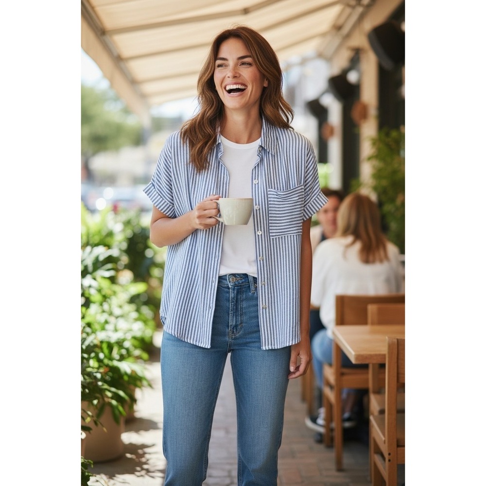 Monteau Los Angeles Blue White Striped Short Sleeve Button Down Shirt Small
